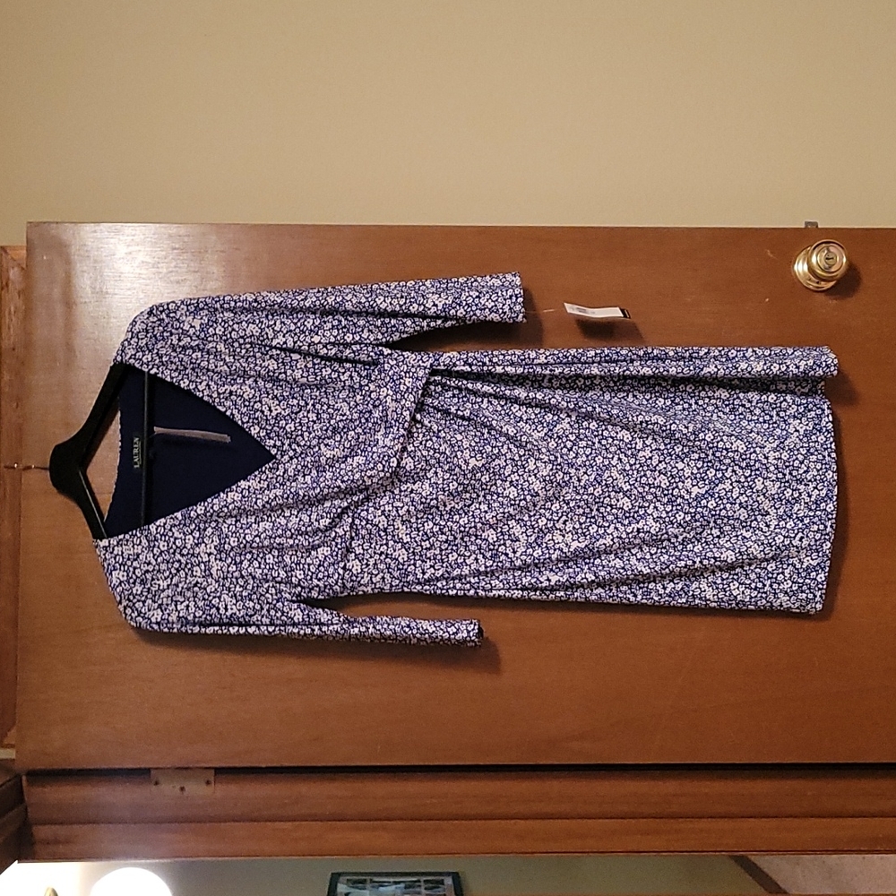 Ralph Lauren faux wrap dress, navy blue and white